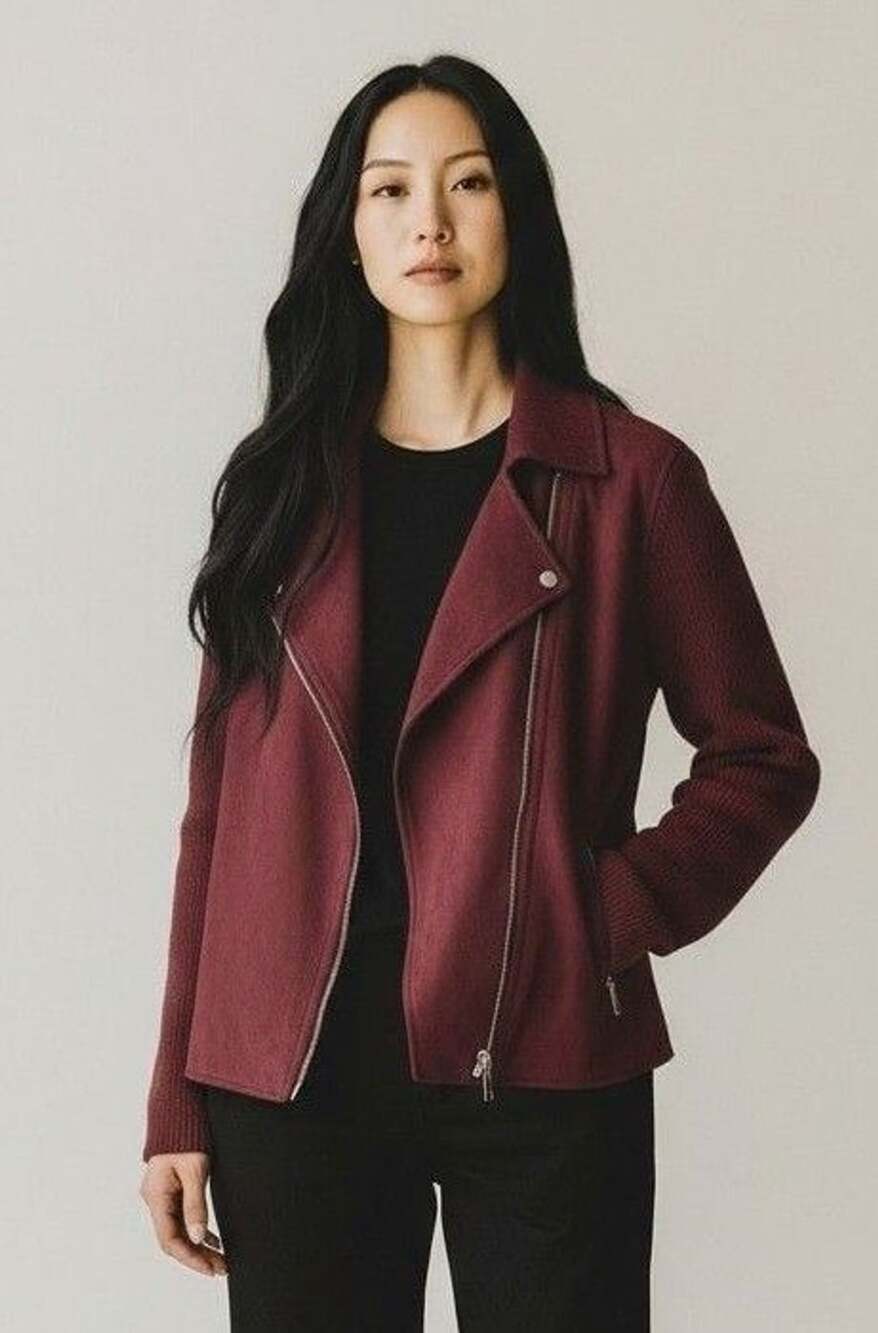 Ann Taylor Moto Jacket Size L Burgundy Faux Suede